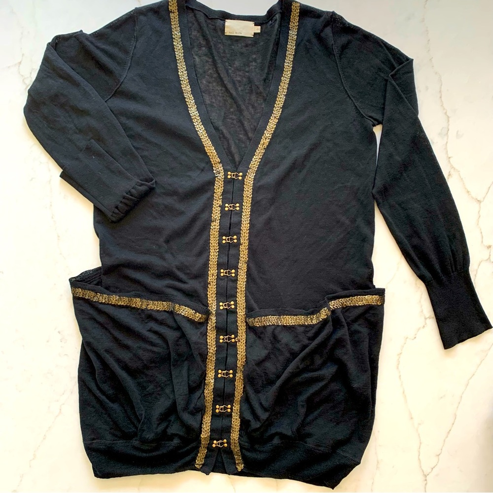 M.O.L. Knits Cardigan Anthropologie Silk Linen Blend Gold Clasps Beading Pockets